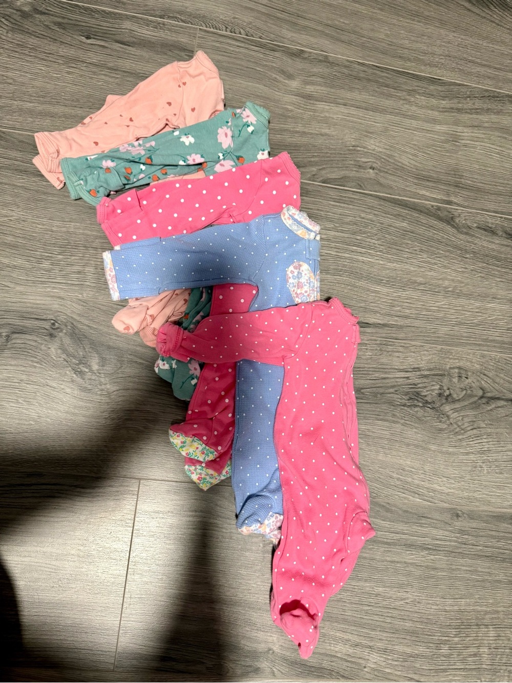 5 sleepers. Girls Polka Dot and Floral Footed Pajama Set - Pink, Blue, Green